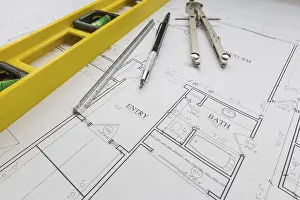 House Blueprint Illustration Prints: Construction level, engineer pencil