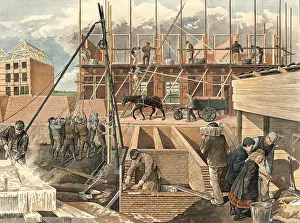 Traditional Crafts Prints: Construction site with numerous workers around 1910