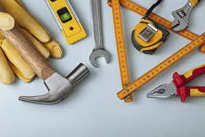 Studio Shot Image Prints: Construction Tools On Light Gray Background