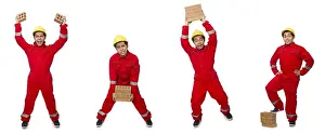 Construction Worker Prints: Construction worker with clay bricks on white