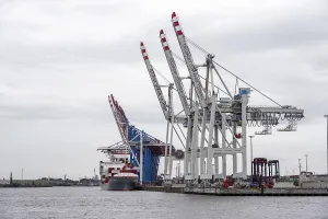 Container Ship Hamburg Prints: Container ship, loading cranes and stacks of containers