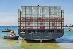 Deserted Harbour Scene Prints: Container ship with tugboats in the harbour