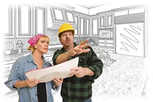 Blueprints And Drawings Prints: Contractor talking with customer over custom kitchen drawing
