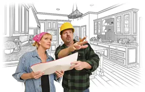Custom Kitchen Drawing Prints: Contractor talking with customer over custom kitchen drawing