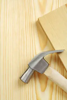 Wooden Board Repair Tools Prints: Copyspace hammer on timber