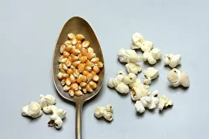 Snack Food Images Prints: Corn (Zea mays) kernels in spoon and popcorn