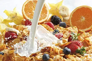 Breakfast Cereal Prints: Cornflakes with milk and fruit