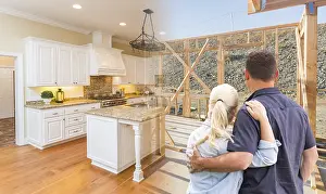 Kitchen Design Inspiration Prints: Couple facing construction framing gradating to completed custom kitchen
