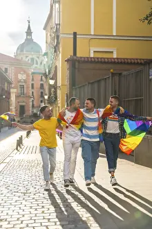 Colorful Diversity Picture Prints: Couples of men having fun at the demonstration with the rainbow flags