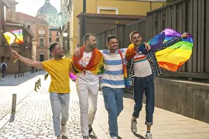 LGBTQ Pride Celebration Prints: Couples of men having fun at the demonstration with the rainbow flags