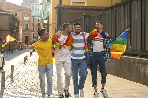 Urban Pride Celebration Prints: Couples of men smiling at the demonstration with the rainbow flags