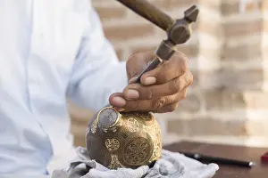 Prints of Craftsman engraving patterns on the jug. masters of Central Asia. manual copper minting Uzbekistan Prints: Craftsman Engraving Print on Central Asian Jug