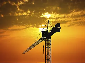 Evening Industrial Scene Prints: Crane and beautiful sunset
