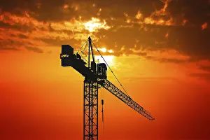 Deserted Harbor Scene Prints: Crane at sunset