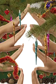 New Year Celebration Concept Prints: Creative Christmas tree made from hands on white background