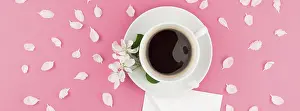 Pastel Pink Background Image Prints: Creative flat lay concept top view of coffee cup