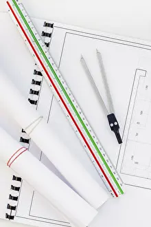Real Estate Market Image Prints: Creative flat lay overhead top view blueprints architectural flat project plan