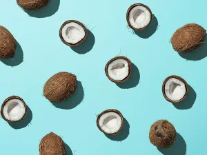 Pastel Colored Backgrounds Prints: Creative layout of coconuts half on blue background