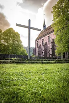 Black Forest Monastery Prints: Cross in front of Historical Monastery