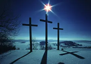 Central Europe Religious Sites Prints: Three crosses in winter, the sun