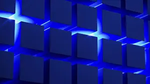 Prints of Cube structures create a captivating geometric arrangement highlighted by blue light, showcasing modern design concepts and technological inspiration Installation Art Prints: Blue Light Cube Structure Print: Modern Geometric Design