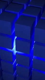 Prints of Cube structures create a captivating geometric arrangement highlighted by blue light, showcasing modern design concepts and technological inspiration Installation Art Prints: Modern Blue Light Cube Structure Print