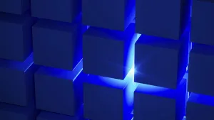 Prints of Cube structures create a captivating geometric arrangement highlighted by blue light, showcasing modern design concepts and technological inspiration Installation Art Prints: Blue Light Cube Structure Print: Modern Geometric Design