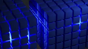 Geometric Arrangement Design Prints: Cube structures create a captivating geometric arrangement highlighted by blue light