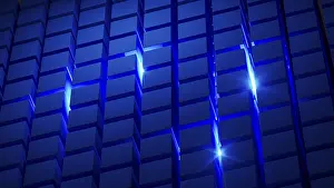 Geometric Arrangement Design Prints: Cube structures create a captivating geometric arrangement highlighted by blue light