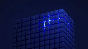Installation Art Prints: Blue Light Cube Structure Print: Modern Geometric Design