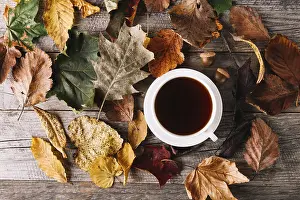 Modern Food Photography Prints: Cup coffee leaves