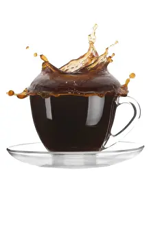 Prints of Cup of coffee with splash on white background Arabica Prints: Cup of Coffee Print with Splash