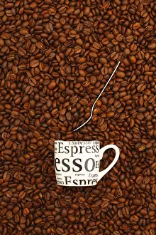 Studio Coffee Shot Prints: Cup of coffee on a table full of coffee beans