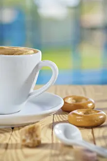 Traditional Breakfast Setup Prints: Cup spoon sugar and cookie on table