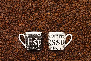 Coffee Table Setup Prints: Two Cups of coffee on a table full of coffee beans