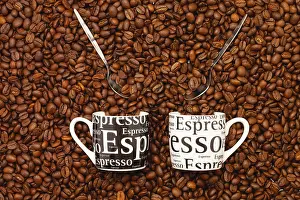 Coffee Bean Photography Prints: Two Cups of coffee on a table full of coffee beans