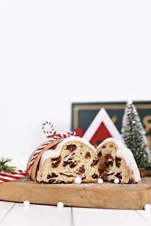 Christmas Sweets Prints: Cut open German Stollen cake, a fruit bread with nuts