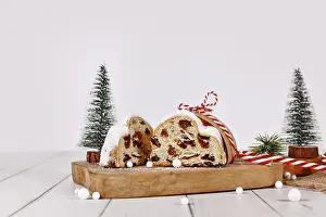 Christmas Fruit Bread Prints: Cut open German Stollen cake, a fruit bread with nuts