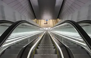 Architectural Styles Of Modern Buildings Prints: Cutout of multiple escalators in a train station