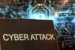 Data Protection Concept Prints: Cyber attack symbol: Laptop in front of a virtual computer background