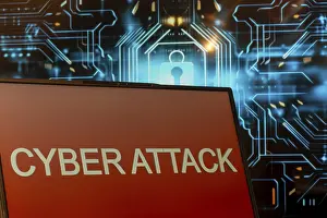 Data Protection Concept Prints: Cyber attack symbol: Laptop in front of a virtual computer background