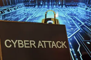 Computer Virus Protection Prints: Cyber attack symbol: Laptop in front of a virtual computer background