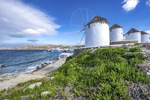 Greek Island Windmill Prints: Cycladic windmills on the coast