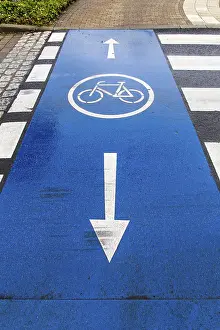 Asphalt Road Markings Prints: Cycle path marking on a pavement