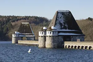 Central European Lakeside Scene Prints: Dammed Mohnesee in front of a dam