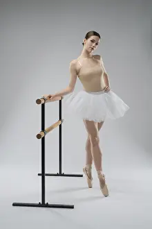 Female Ballet Artist Prints: A dancer in a light tutu poses elegantly at the barre