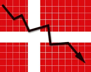 National Colours Of Denmark Prints: The Danish flag and arrow graph going down