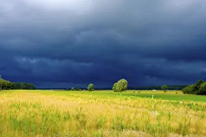 Stormy Atmosphere Europe Prints: Dark storm clouds over sunlit meadows and fields