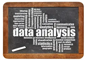 Scientific Research Tools Prints: Data analysis word cloud on a slate blackboard