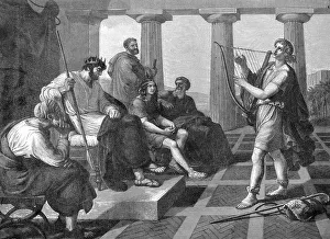 Historical Bible Illustration Prints: David's string playing in front of Saul